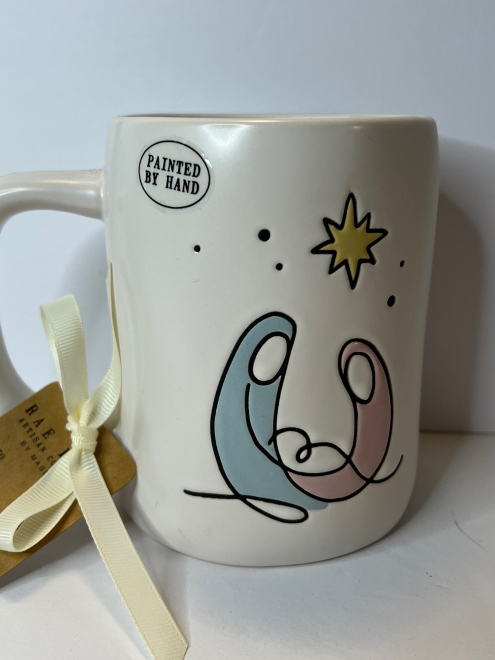 Rae Dunn For Unto As A Child Is Born Isaiah 9:6 Blue Pink White Ceramic Mug New